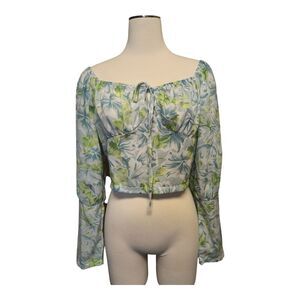 SHEIN Green and Blue Puff Sleeve Crop Blouse